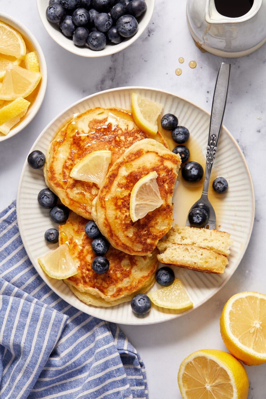 Lemon ricotta pancakes on a plate