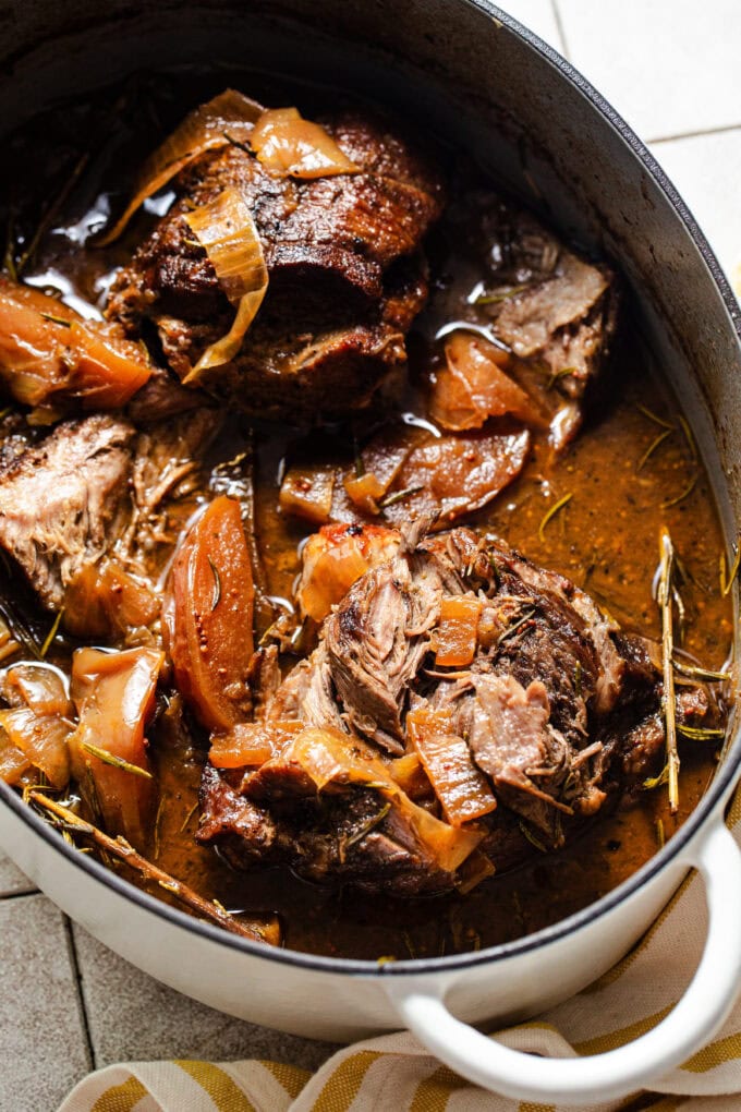 braised pork shoulder with molasses and mustard in pot