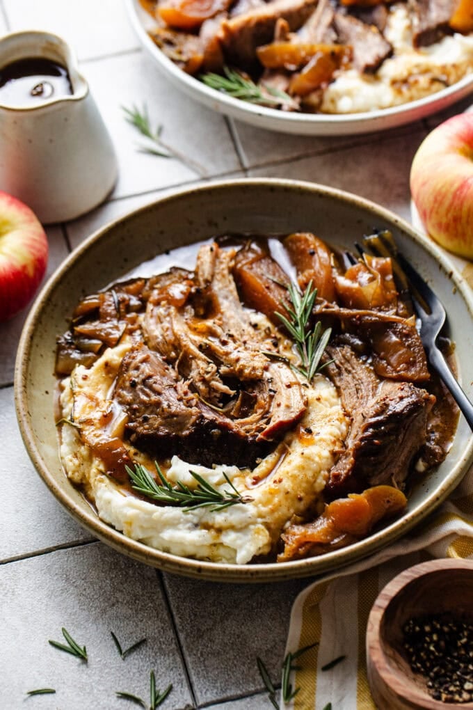braised pork shoulder with mashed potatoes in bowl
