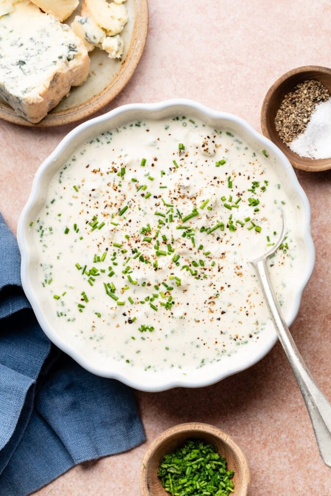 blue cheese sauce in bowl with spoon