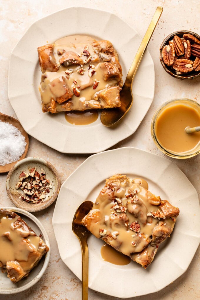 sweet potato bread pudding slices on plates