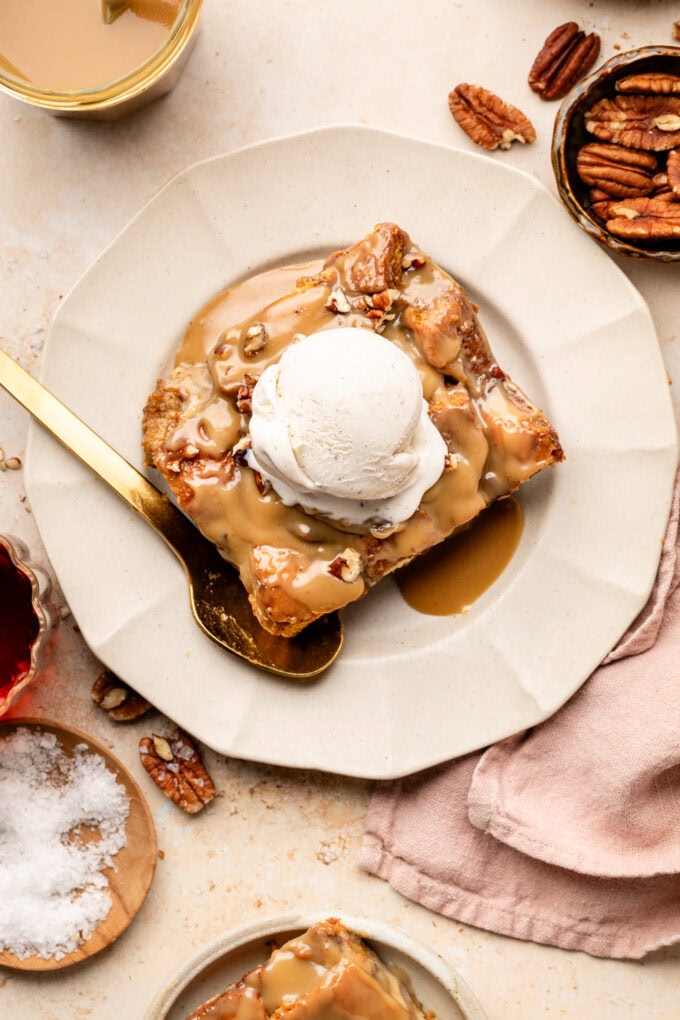 sweet potato bread pudding with vanilla ice cream on plate