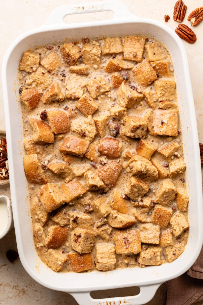 soaked bread with custard in baking dish