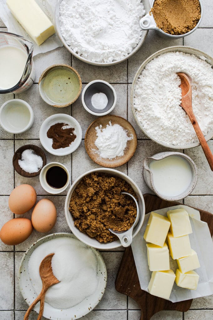 ingredients for caramel sheet cake in bowls