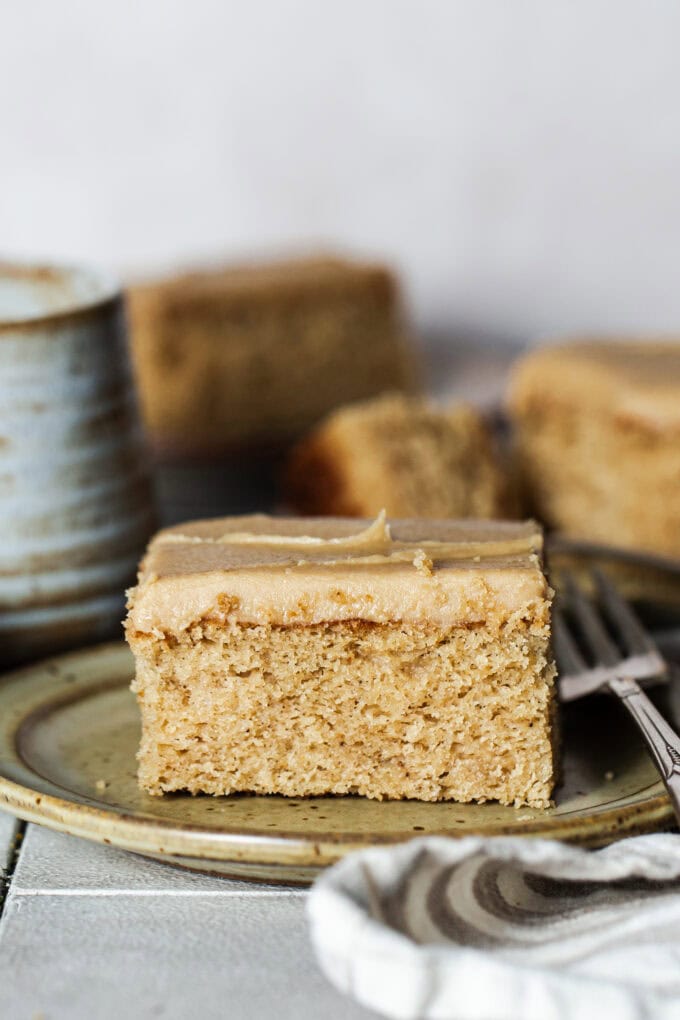 closeup of caramel cake on small plate