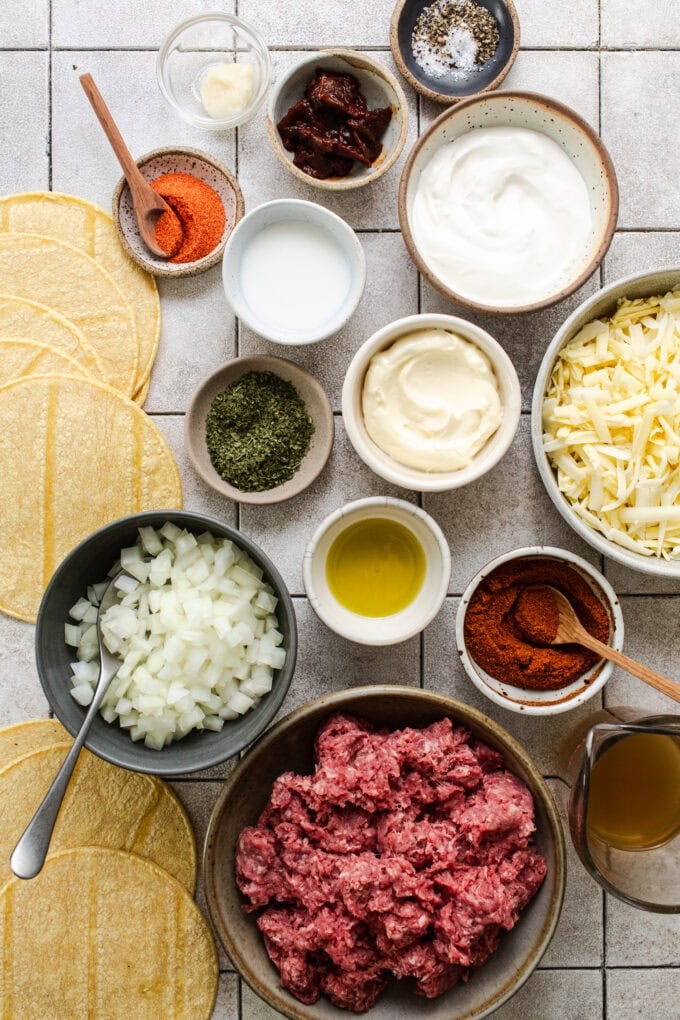ingredients for ground beef tacos in bowls