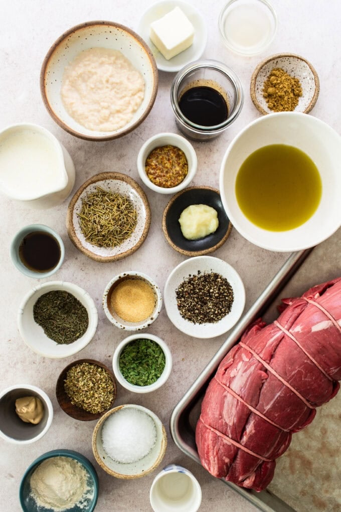 ingredients for beef tenderloin in bowls