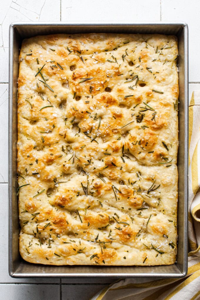 baked focaccia bread in baking pan