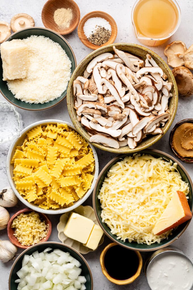 ingredients for miso mushroom pasta in bowls