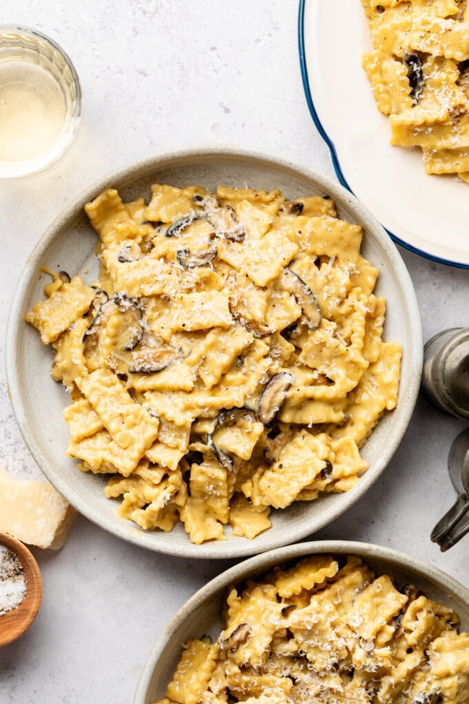 miso mushroom pasta in bowls