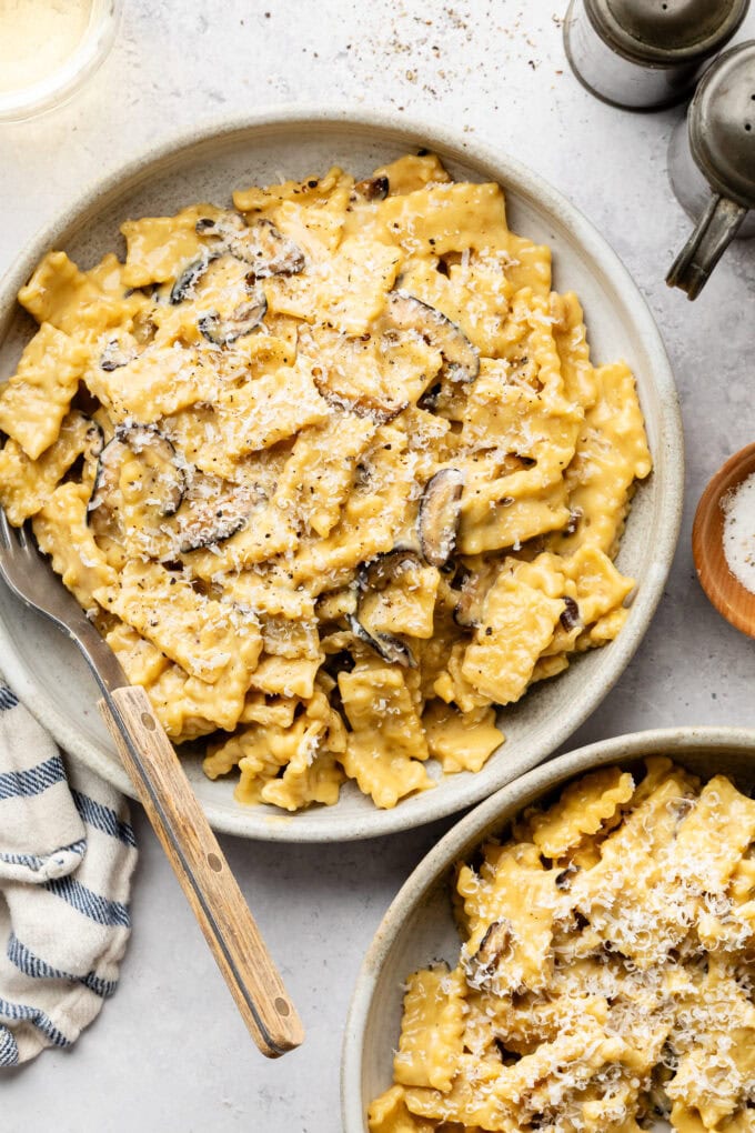 miso mushroom pasta in bowl with spoon
