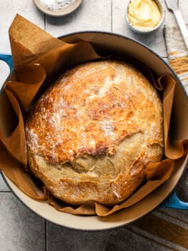 artisan bread loaf in dutch oven pot