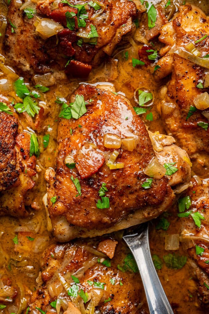 closeup of creamy chicken in skillet on serving spoon