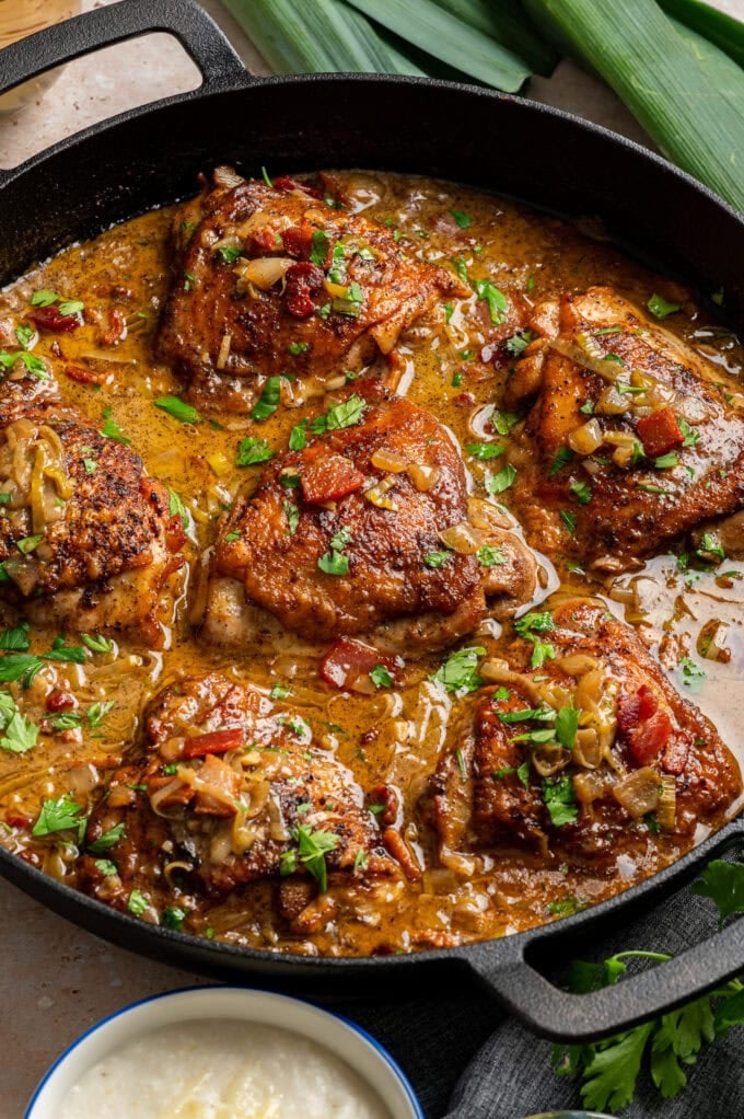 creamy chicken thighs in skillet