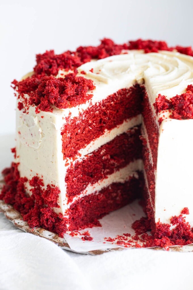 sliced red velvet cake on platter