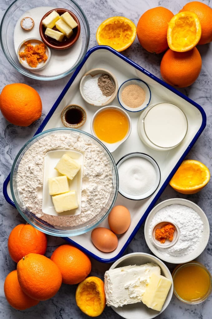 ingredients for orange sweet rolls in bowls