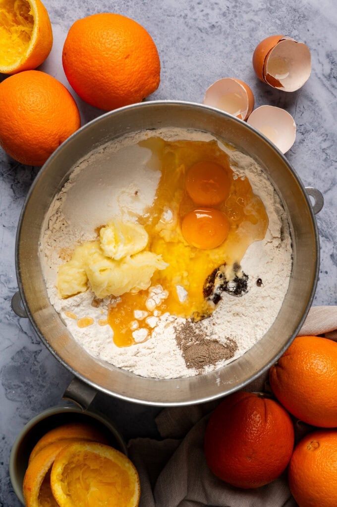 ingredients for orange yeast dough in mixing bowl