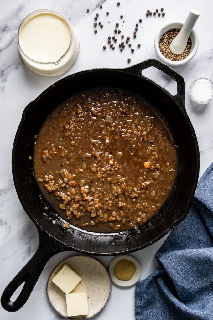 sautéed shallot sauce in cast iron pan
