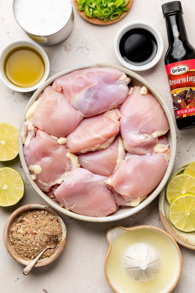 ingredients for grilled jerk chicken in bowls