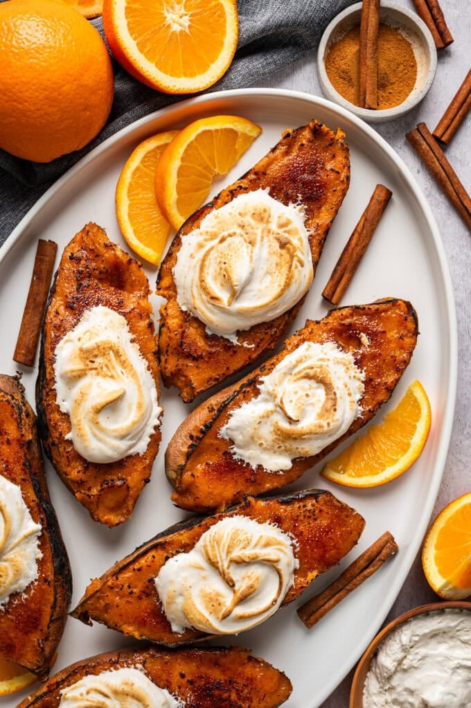 bruleed sweet potatoes with marshmallow creme on platter