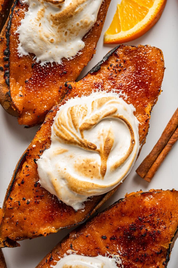 bruleed sweet potatoes on plate with marshmallow creme