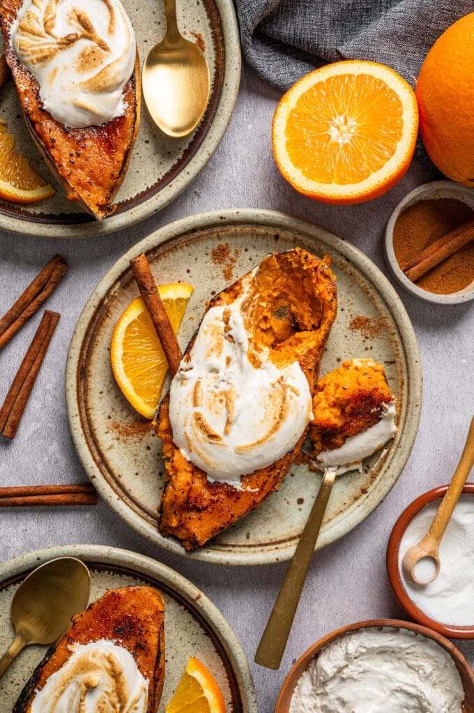 bruleed sweet potato on small plate with spoon