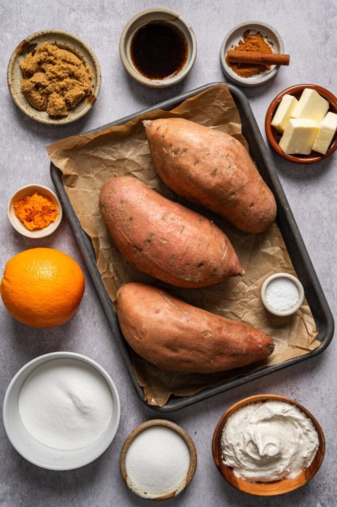 ingredients for bruleed sweet potatoes in bowls