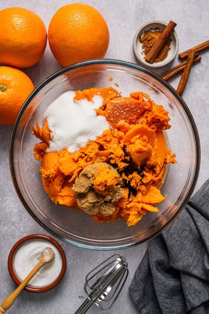 sweet potato flesh with sugar and spices in bowl