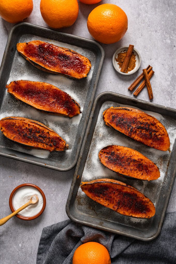 bruleed sweet potatoes with marshmallow creme on baking sheets
