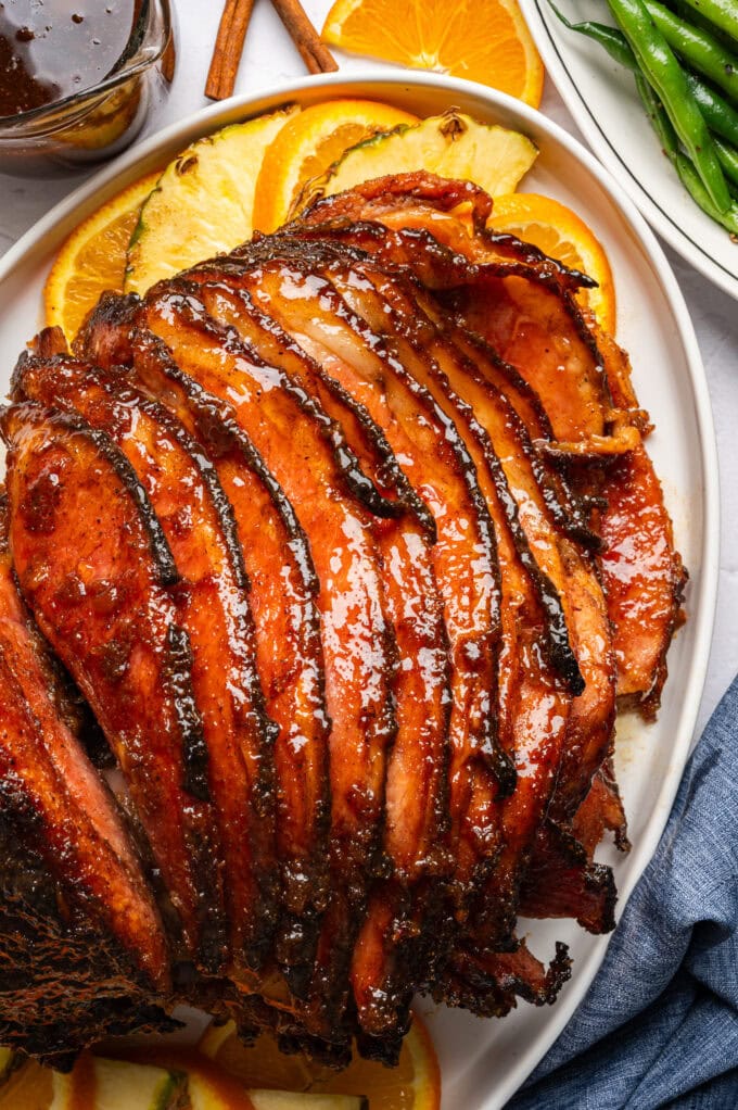 spiral glazed ham on platter