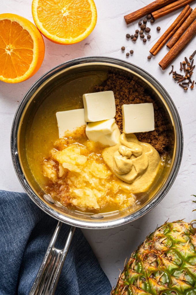 glazed ham mixture in saucepan