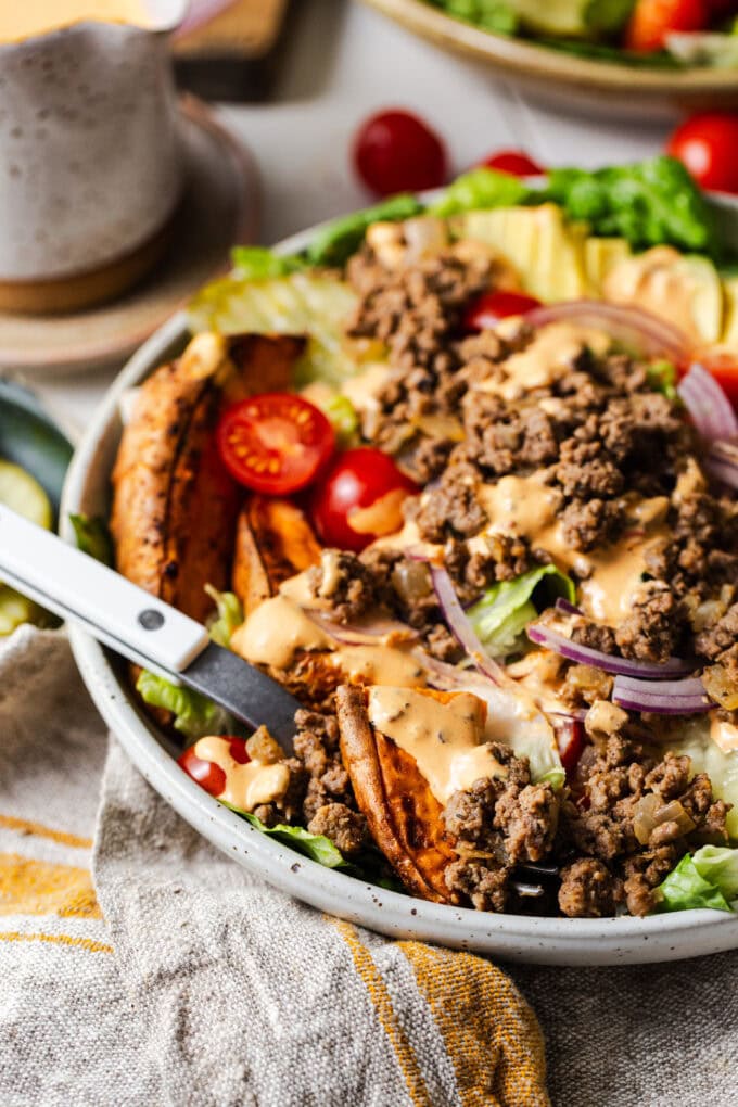 chipotle ranch burger bowl with white fork