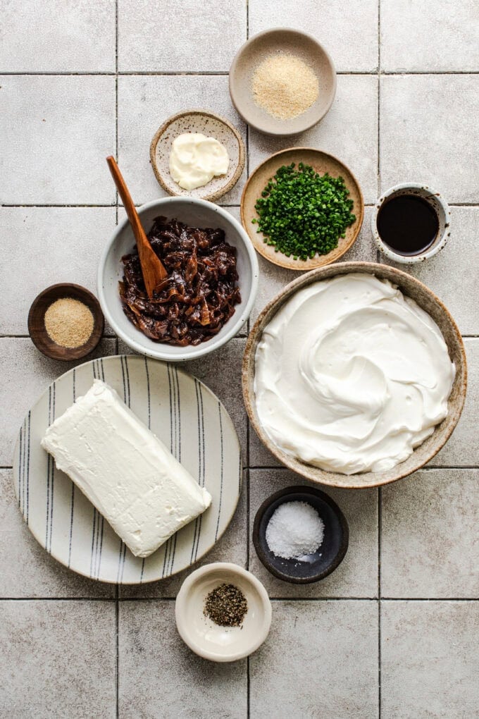 ingredients for caramelized onion dip in bowls