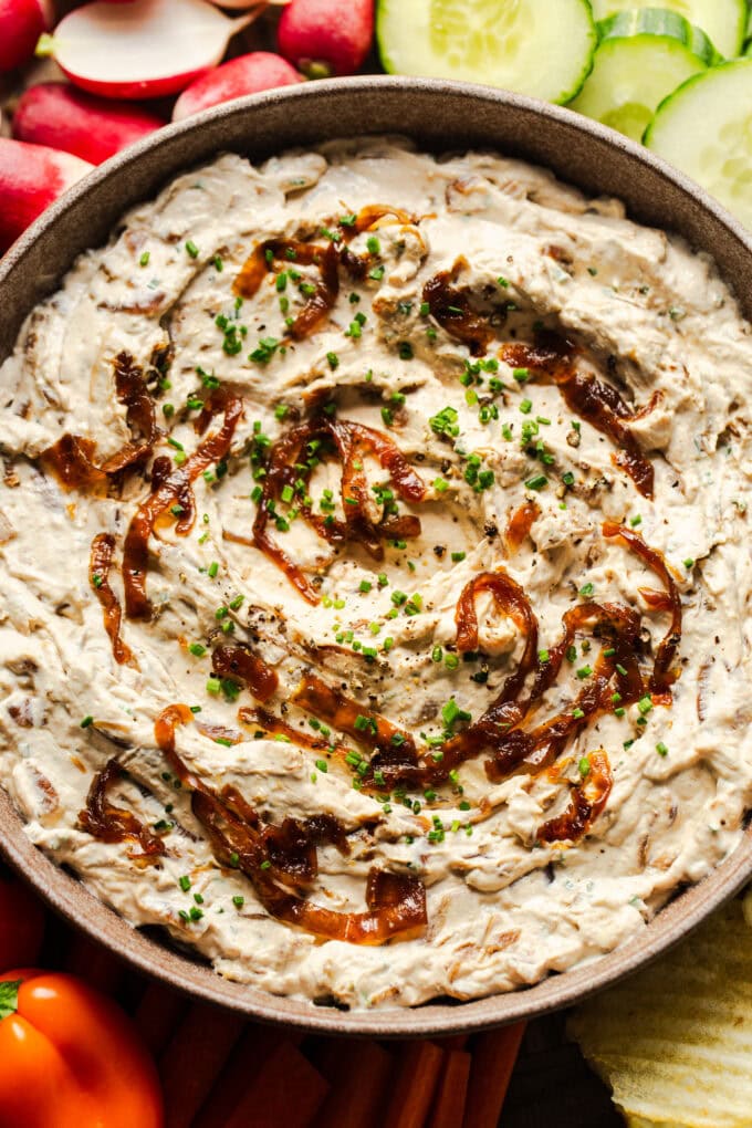 closeup of caramelized onion dip in bowl
