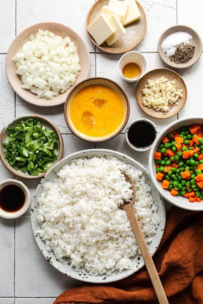 ingredients for fried rice in bowls