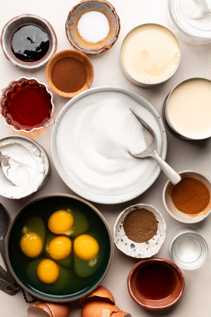 ingredients for flan in bowls