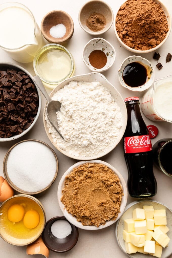 ingredients for southern coca cola cake in bowls