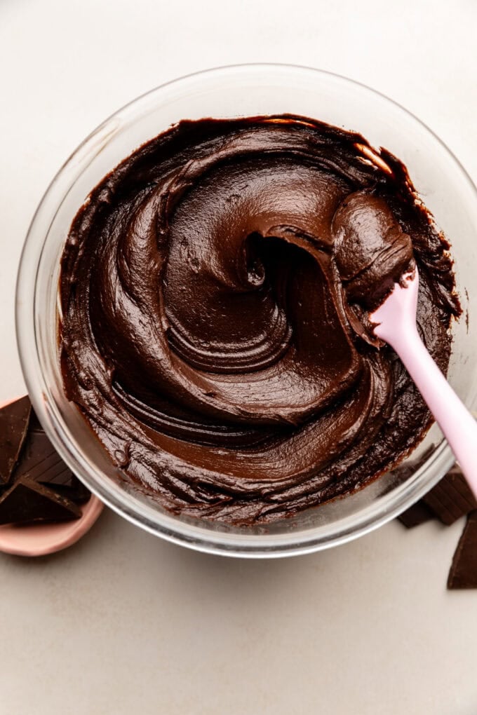 chocolate frosting in glass bowl