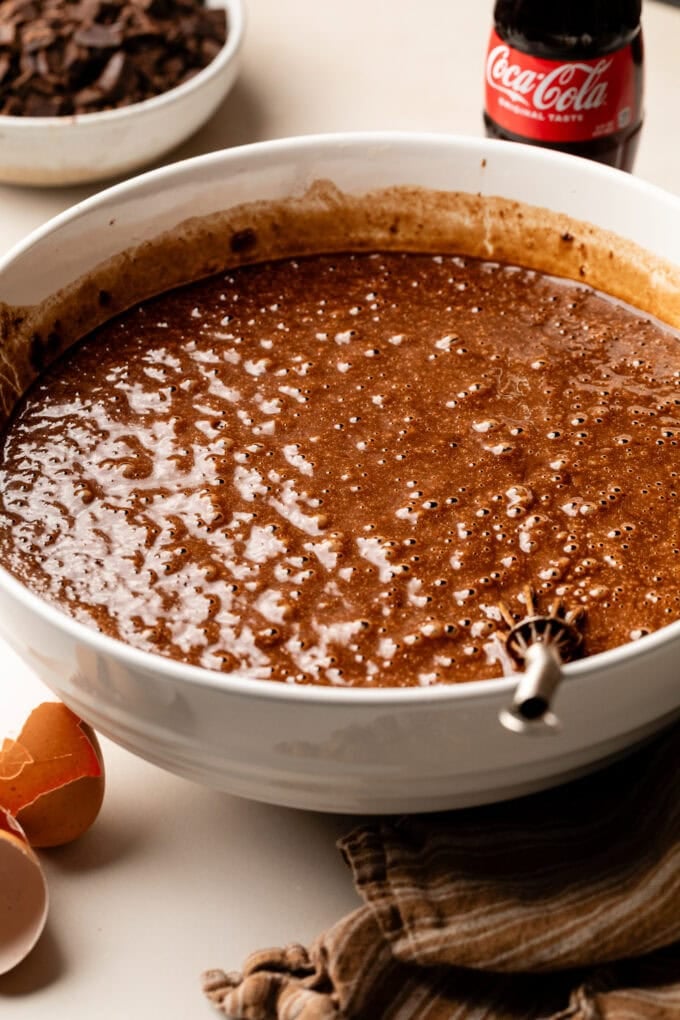 chocolate cake batter in mixing bowl