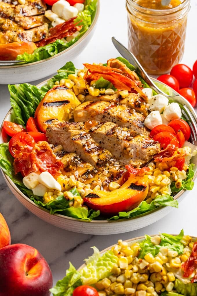 bowl of grilled chicken summer peach salad