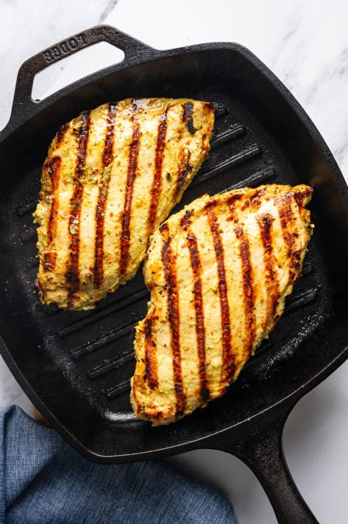 grilled pesto chicken on grill pan
