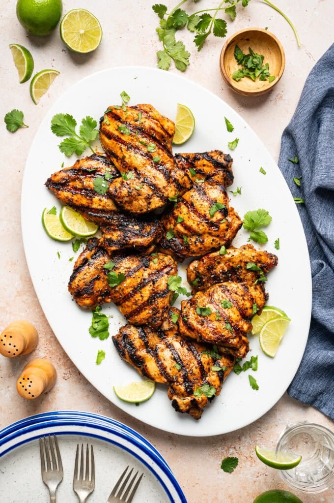 grilled tequila lime marinated chicken on white platter