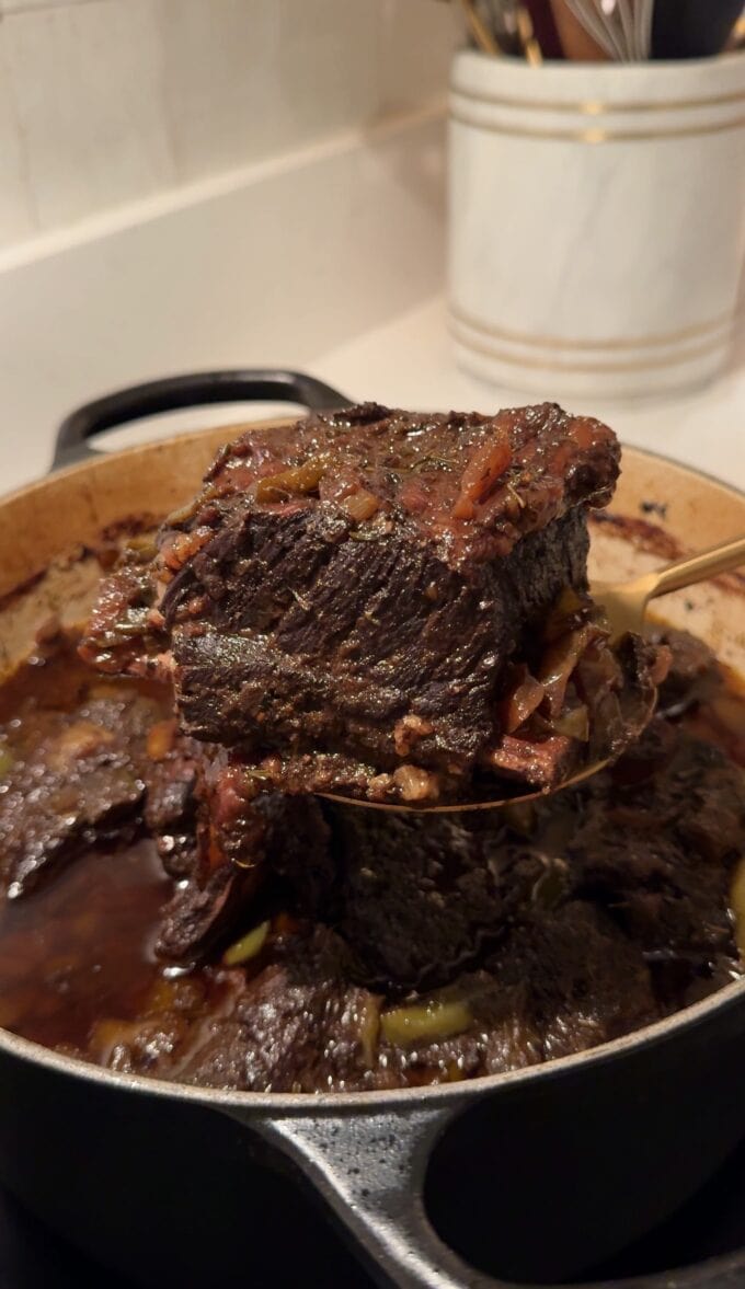 spoon holding brown stew beef short rib