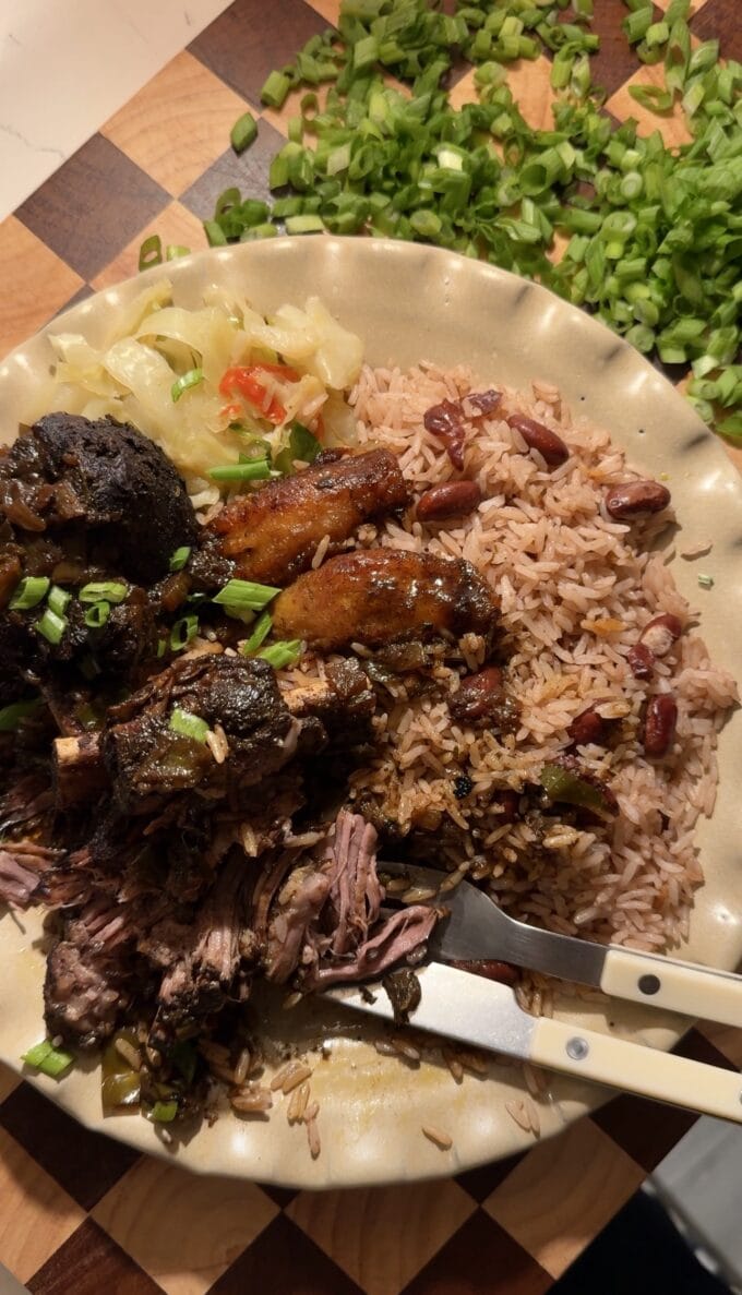 brown stew beef short ribs with rice and cabbage on plate with fork