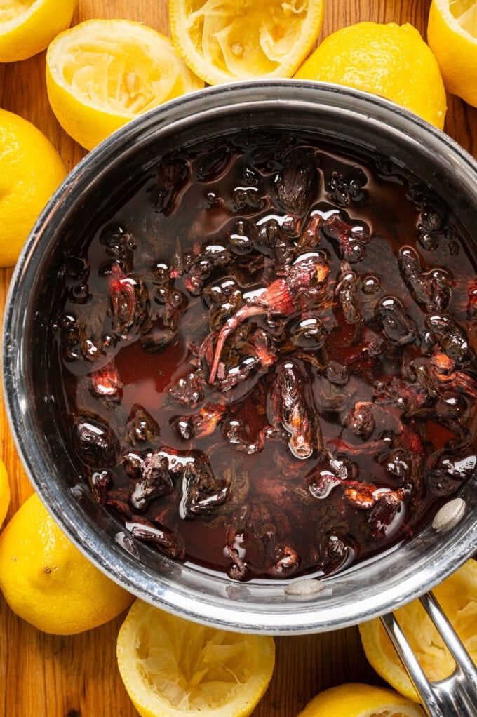 hibiscus syrup in saucepan