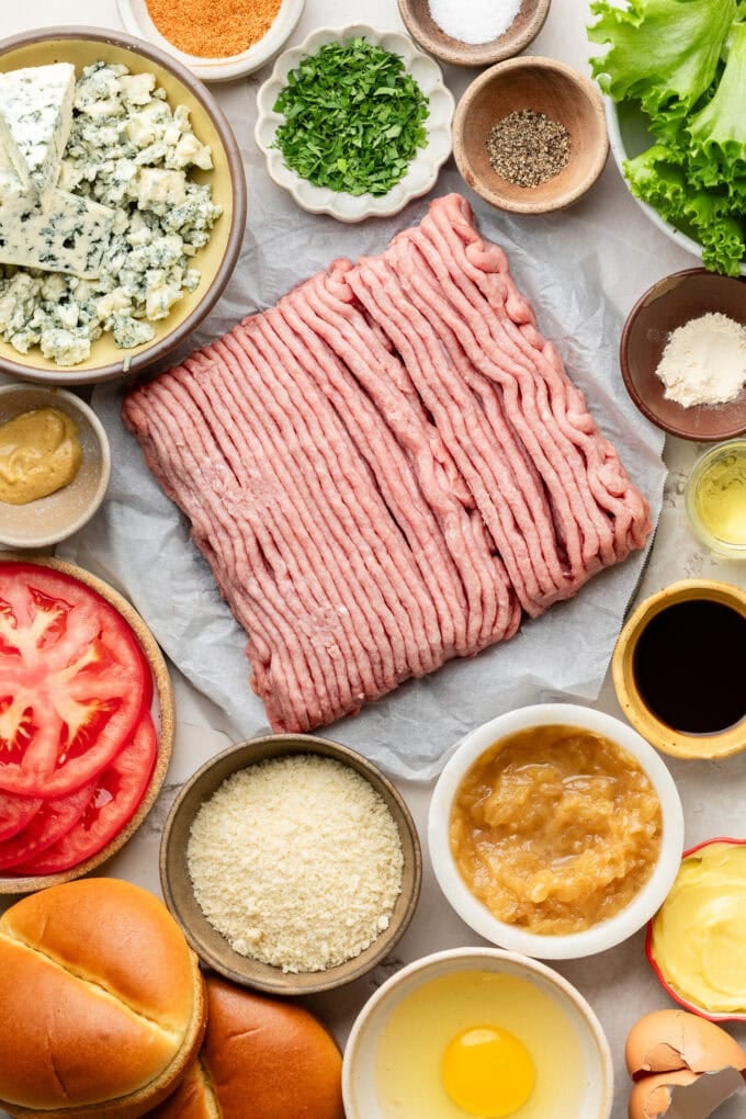 ingredients for blue cheese turkey burgers in bowls