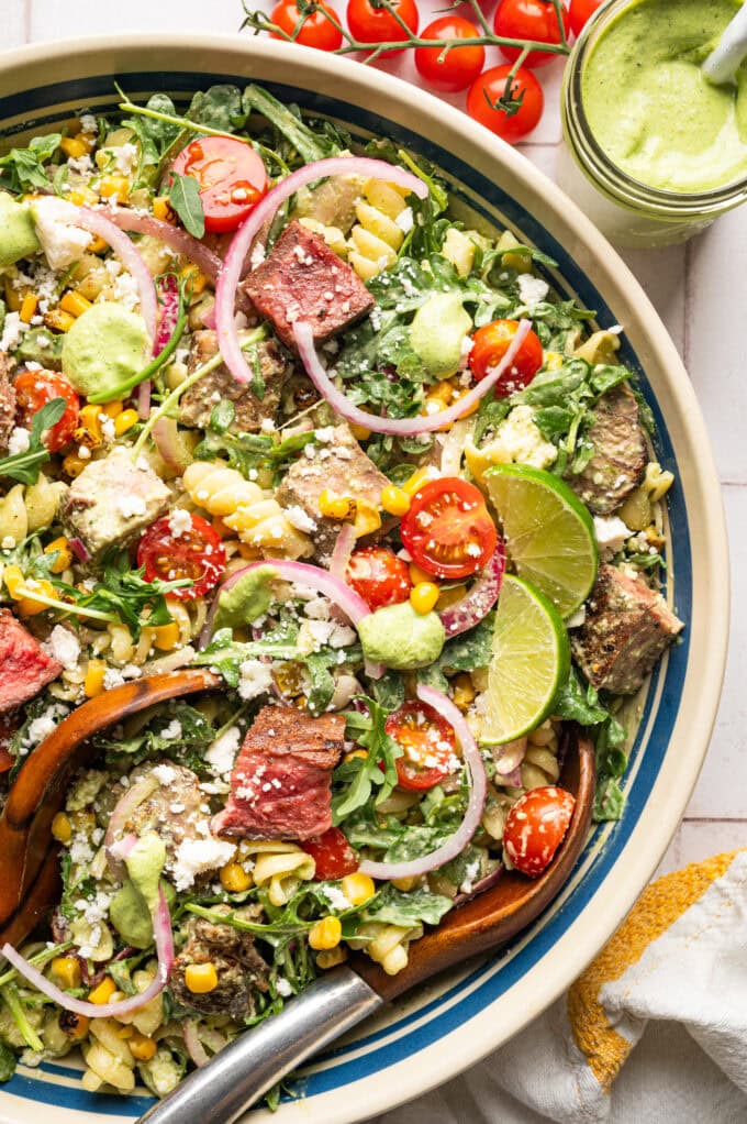 steak pasta salad in bowl