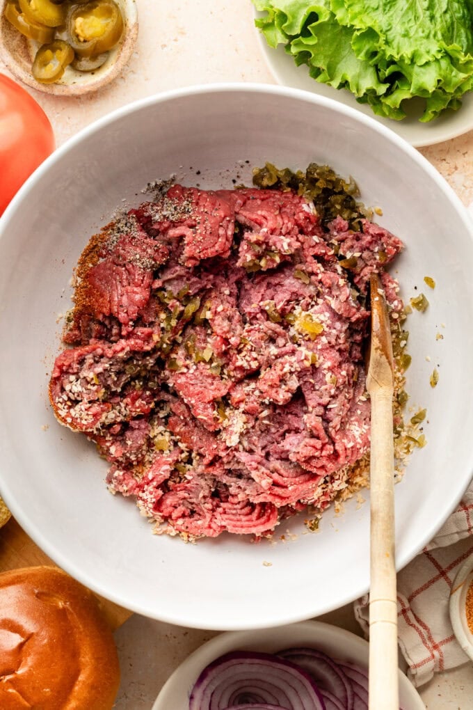 raw ground beef in large bowl
