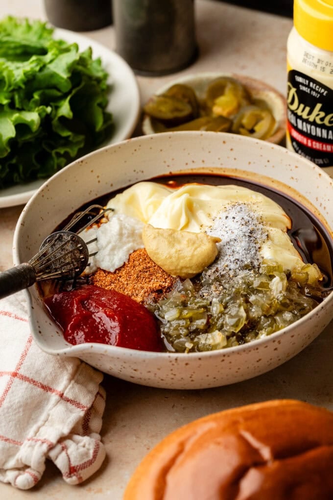 burger sauce ingredients in bowl with whisk