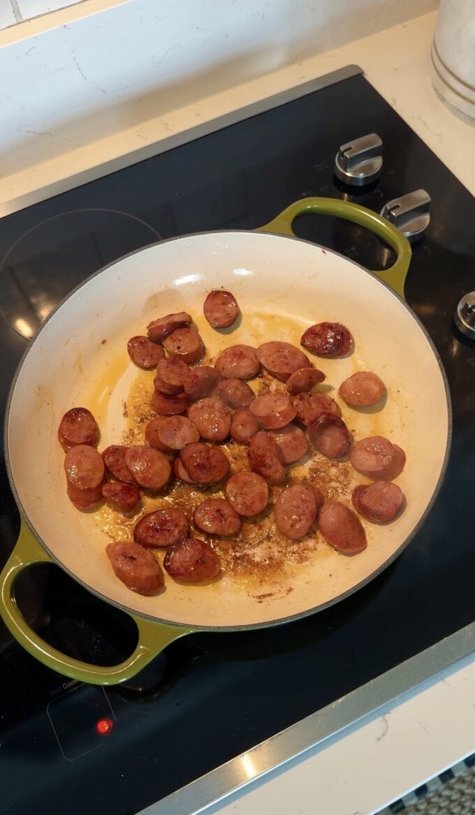 browned smoked sausage in pan
